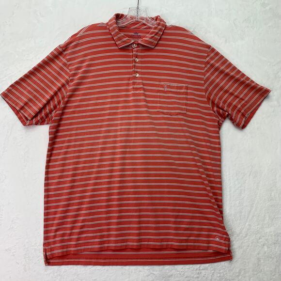 Peter Millar Mens Large Orange Blue White Striped Short Sleeve Polo Shirt Golf - Picture 2 of 8
